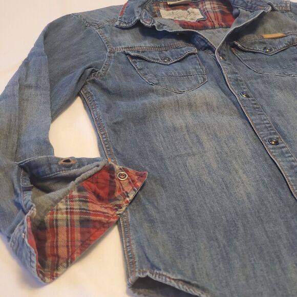Zara Boys Sz 9/10 Chambray Denim Pearl Snap Button Up Western Holiday Plaid Trim - Picture 6 of 7